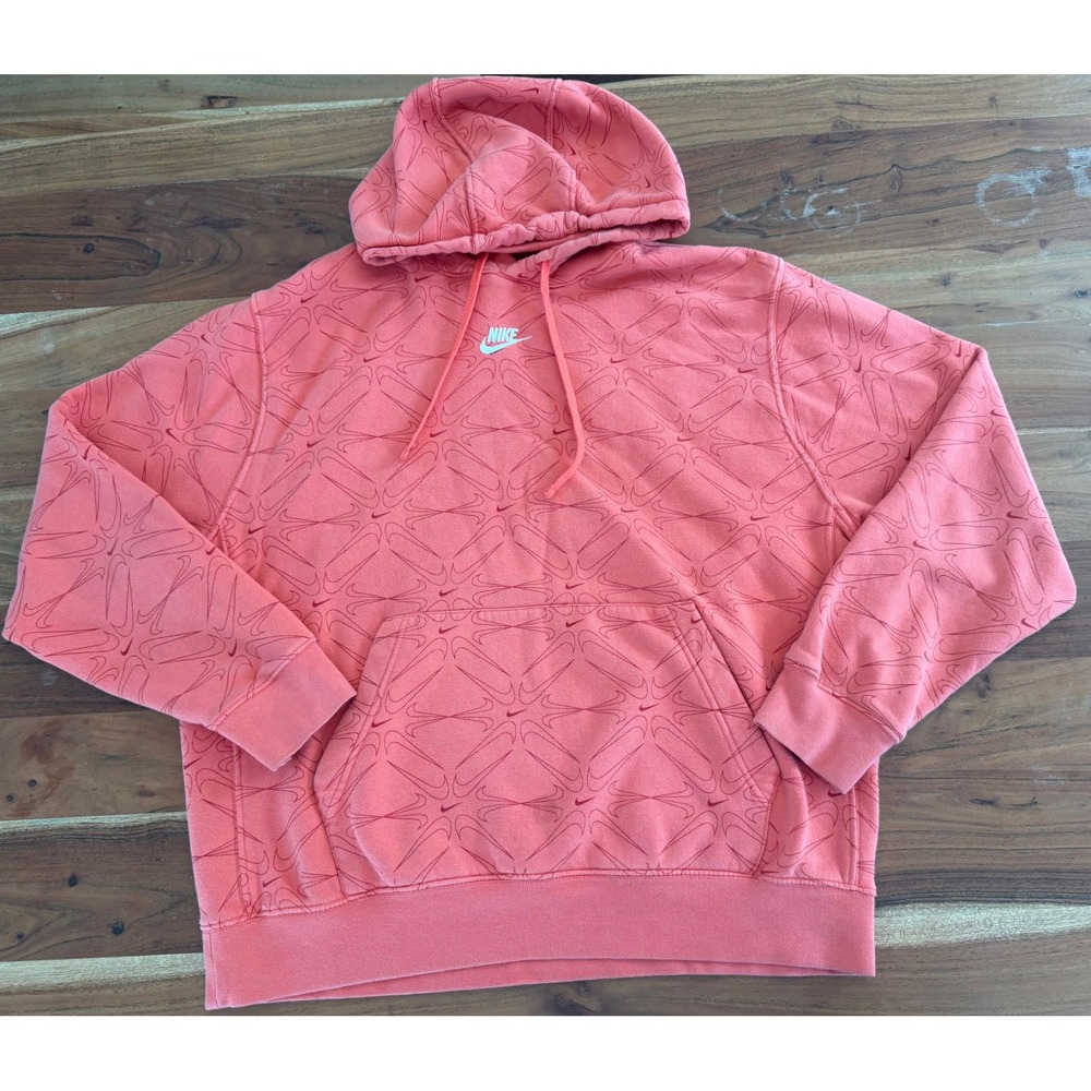 Nike Sportswear All Over Swoosh Print Hoodie Coral Pink Mens Large Pullover